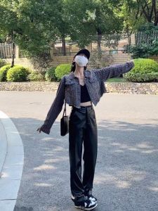 กางเกงลำลองหนัง PU ทรงหลวมเอวสูง กางเกงขายาวสไตล์ย้อนยุคสำหรับผู้หญิง สไตล์เกาหลี ทรงตรง ซิป กระดุม ไม่ต้องรีด