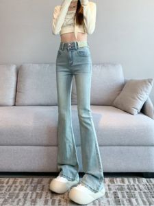 Light Blue High Waist Bell Bottom Jeans Womens plus Size Slimming Tight Short Micro Flared Horse Hoof Pants Cotton Stretch Denim