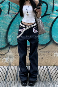 Retro American Design Floral Patchwork Denim Pants High Waist Straight Leg Floor-Length for Women Spicy Style Outdoor All Seasons