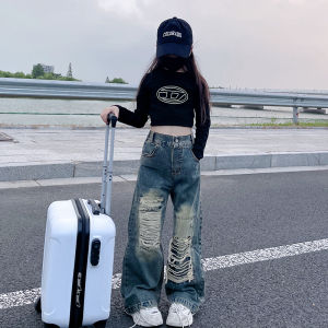 Quần Jeans Denim Nữ Trẻ Phong Cách Mùa Thu Quần Ống Rộng Rách Thời Trang Quần Dài Thẳng Cho Bé Gái Quần Áo Trẻ Em