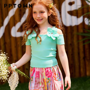 PPTOWN | Girl Off-Shoulder 3D Flower Design Top