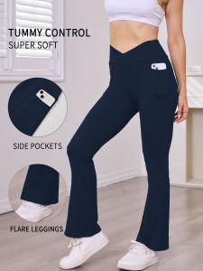 Super Soft Crossover Leggings Women High Waisted Flare with Pockets Tummy Control Yoga Pants