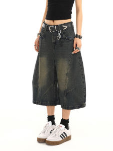 Retro American Decomposition Knife Edge Denim Shorts Women Summer New High Street Loose Wide Leg Mid-Length Casual Jeans