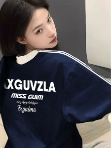 Áo Thun Cotton Tay Ngắn Màu Xanh Lam Thêu Chữ Thiết Kế Mùa Hè Cho Nữ Phong Cách Mỹ Cổ Điển Chất Lượng Cao Áo Thun Cotton Nguyên Chất