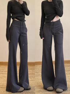 Deep Grey Micro Flare Casual Pants Womens High Waist Elastic Slimming Sporty Sweatpants Korean Style Commute Asymmetric