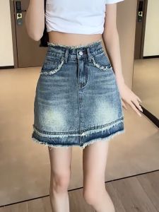 GHAOHES  กระโปรงยีน    ความรู้สึกของการออกแบบ  ลมเกาหลี    มีซับใน  กระโปรงยีนส์