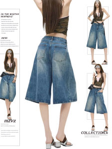 MZVZ | Quần Jeans Capri Đùi Rộng In Hình Sét Phong Cách Mỹ Cổ Điển