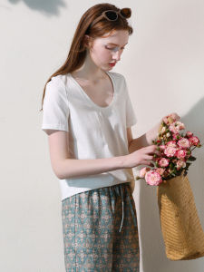 Miccbeirn | Combed Pure Cotton Knitted Short Sleeve T-Shirt Top Basic Style Breathable Comfortable Simple Solid Color Large U-Neck Inner Wear