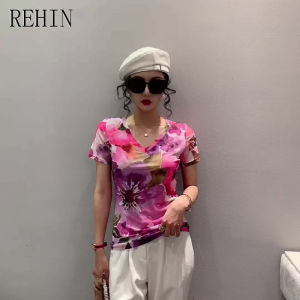 REHIN Womens top Summer new fashion mesh printing short-sleeved V-neck T-shirt Slim thin S-3XL elegant trendy blouse