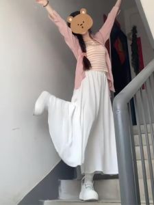 High-Waist Ruched White Casual Trousers for Women 180cm Long A-Line Skirt 175 Extended for Tall People Loose Fit Work Clothing