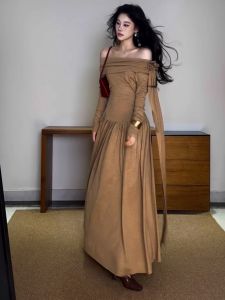 SHANGSHA | Elegant Stylish Caramel Color Off-shoulder Waist-accentuating Autumn Dress