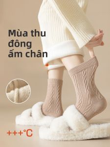 JINGCHI | Tất cotton dày màu nâu dài đến bắp chân cho nữ Tất cotton nguyên chất giữ ấm cho mùa đông Tất cotton dài cho nữ dùng trong nhà