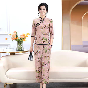 Bộ Đồ Hai Mảnh Họa Tiết Hoa Lớn Thời Trang Cho Mẹ Mùa Hè 2024 Áo Sơ Mi Dài Tay Quần Dài Vừa Vặn Giảm Tuổi