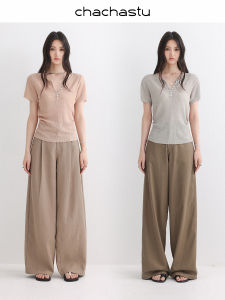 Áo Thun Henley Kniết Cổ Đứng Sọc Dọc Chất Liệu Lyocell Mát Mẻ Ruffle Dọc Hông Ống Nút Bán Phần