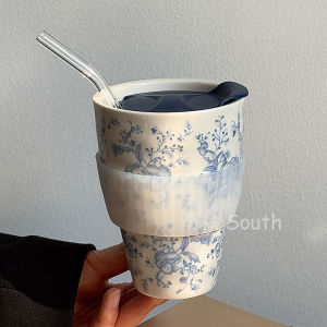 Large Capacity Ceramic Coffee Cup Chinese Style Vine Handheld Mug Tea Milk Tea Cup Gift South New Blue And White Glazed Cup