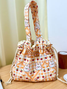 กระเป๋าผ้าใบสำหรับใส่กล่องอาหาร ป้องกันน้ำมัน น้ำหนักเบา น่ารัก กระเป๋าถือแบบผูกเชือก สำหรับนักเรียน วัสดุผ้าใบ