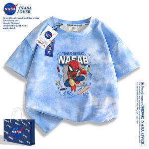 NASA over Spiderman Cartoon Short Sleeve T-Shirt for Boys Pure Cotton Summer Kids Loose Fit Sweat Absorbent round Neck Top