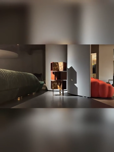 BUNISE รุ่น A089 ชั้นวางของดีไซน์เนอร์ ไม้จริงหมุนได้ สไตล์อิตาลีลักชัวรี่ พร้อมชั้นเปิดโล่งและโครงโลหะ สำหรับการจัดเก็บ