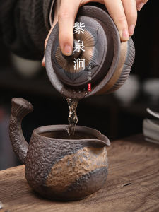 Large Size Japanese Style Ceramic Tea Cup with Lid Bowl Gold Plated Three Elements Coarse Porcelain Handmade Gongfu Tea Set