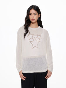 UnderStress Long Sleeve Knitted Cover up Loose Fit Overhead Embroidered Top Star Pattern Casual Comfortable Polyester T-Shirt