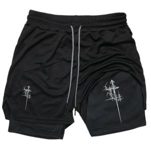 Cross Sword Print 2 in 1 Gym Workout Shorts for Men Quick Dry Stretchy Athletic Compression Shorts Fitness Running Jogging