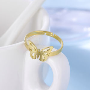 SKYRIM Elegant Womens Ring Stainless Steel Rose Gold Hollow Butterfly Open Ring Adjustable Fashion Jewelry