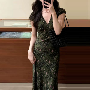 CAOZIMUYI | Elegant V-Neck Floral Vintage Small-Batch Design Waist-Cinching Dress