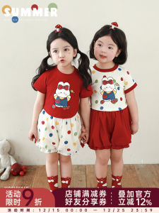 กางเกงขาสั้นลายจุดหวานๆ สำหรับเด็กผู้หญิง กางเกงขายาวทรงดอกไม้ กระโปรงทรงลูกโป่ง ฤดูร้อน 2024 กางเกงขายาวผ้าฝ้ายผสม