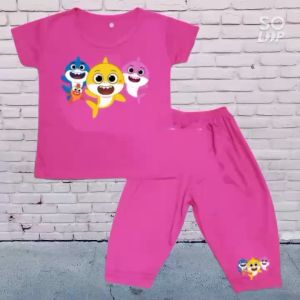 Setelan Baju Anak Perempuan Usia 1-8 Tahun Lengan Pendek Shark