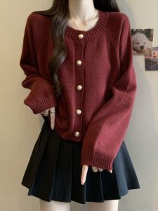 Áo Len Cardigan Đỏ Dày Rộng Rãi Cho Nữ Mùa Thu Đông Cỡ Lớn Mềm Mại Ngắn Dệt Kim Áo Len Cổ Tròn Tay Dài Thường