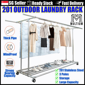 201 Outdoor Laundry Rack 3 Poles Large Capacity Laundry Rack Stainless Steel Outdoor Outdoor Laundry Drying Rack Thick Pipe Large Storage Capacity Windproof Strong Bearing Capacity Smooth Universal Wheels Aluminum Alloy Connector