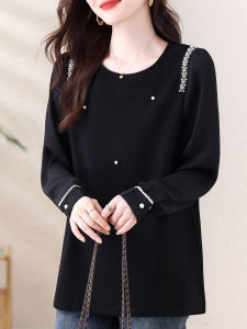 Loose Fit plus Size Womens Fashionable round Neck Embellished Shirt Autumn New Style Casual Wear Polyester Fiber Long Sleeve