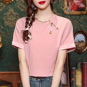 Elegant Short Sleeve T-Shirt Womens New Chinese Style Embroidered Button Casual Summer Top Fashionable Ageless Shoulder Design