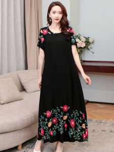 Mothers Day Special Cotton Silk Long Dress for Women over 50 Years Old Fashionable Large Size round Neck Embroidered Gown