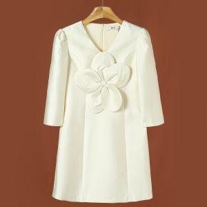 Elegant V-neck Dress Slim Fit Floral Print Midi Skirt Polyester Fiber Spring Autumn Season Single Piece Pure Color No Zipper