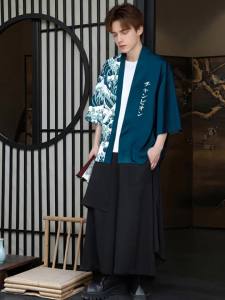 Japanese Kimono Cardigan Wave Pattern Yukata Haori Men Women Streetwear Retro Kimono Traditional Cosplay Costume Loose Outwear