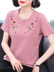 New 2025 Summer Embroidered Cotton Short Sleeve T-Shirt Womens Loose Fit Comfortable Pure Cotton Top for Mom Middle-Aged And Elderly