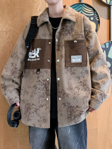 Spring Autumn Mens Workwear Jacket 2025 New Trendy Shirt Style Loose Fit Handsome Collar Stand up Top for Daily Wear