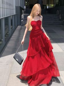French Style Beautiful Slimming Red Dress with Lace Trim Waist Cinched Womens Summer Spring off Shoulder One Piece Dress