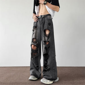 กางเกงยีนส์ทรงหลวมสไตล์อเมริกันสำหรับผู้ชาย ทรงหลวม กางเกงขายาวทรงขากว้าง ทรงหลวม สไตล์สตรีท กางเกงยีนส์ขาดๆ ทรงหลวม
