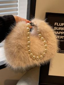 Autumn Winter Plush Handbag Womens Fashion Pearl Commuter Bag Soft Korean Style Medium Softness Single Shoulder Crossbody Bag