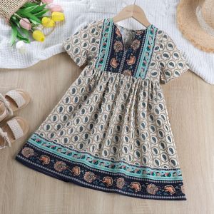 Bear Leader Retro Flower Print Dresses Baby Girl Feather Short Sleeves Summer Ethnic-style Casual Dress 3 to 7 Years Kids Clothing Outwear