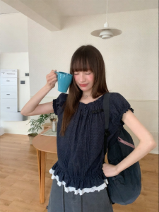 NIHAOKANONG | Áo Blouse Nữ Mùa Hè Cổ Tròn Tay Bồng Voan Ngắn