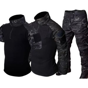 Black Camo Training Set Mens Half Zip Combat Tops Waterproof Tactical Suit Elastic Multiple Pockets Quick Drying 3-pcs