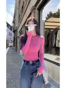 Slim Fit Long Sleeve round Neck T-Shirt Womens Base Shirt Pink Fashionable Unique Autumn Style Top Body Shaping Base Layer