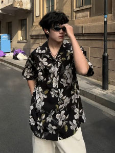 OUMULONG | Black Cuban Collar Hawaiian Thin Silky Summer Shirt