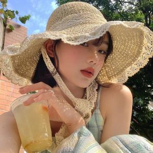 New Womens Sun Hat Wide Along The Beach Hat Womens Summer Straw Hat Sweet Lace Womens Beach UV Protection Hat