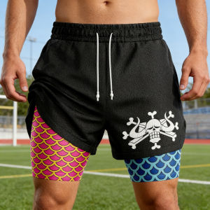 Bandai | 2026 Bandai Kaido Anime One Piece Mens Double Layer Fake Two Piece Shorts Gym Workout Shorts Summer Quick-dry Y2k Casual