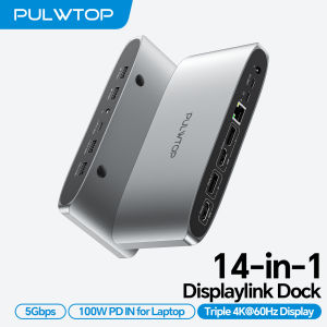 PULWTOP Displaylink Docking Station with 2 HDMI 2 Display Port PD USB C Data 4 USBA Ethernet Audio for MacBook/Windows