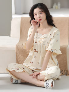 Miiow | Pure Cotton Summer Sleepwear Womens Short Sleeve Seven-Piece Pants Home Clothes Set Breathable Comfortable Youth Casual Cartoon